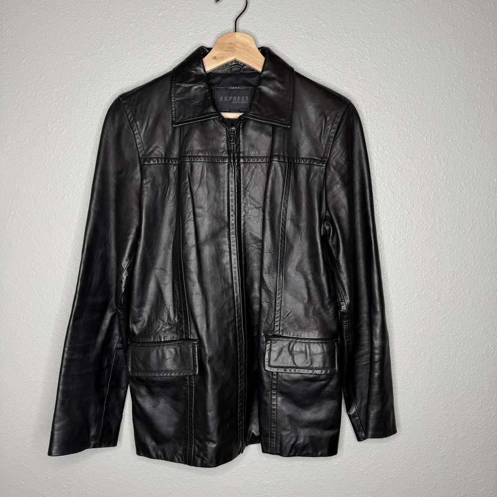 Express Black Genuine Leather Zip Front Jacket Womens Small‎ Y2K Minimal Moto